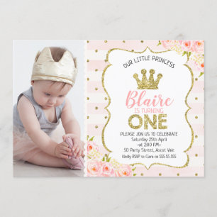 Photo Princess Crown 1st Birthday Invitation