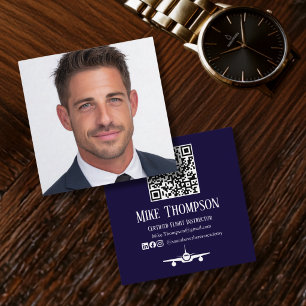 Photo Professional QR Code Blue andWhite Aviation Square Business Card