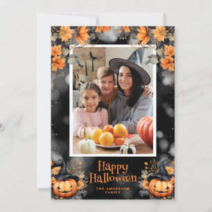 Photo Pumpkin Floral Happy Halloween Card