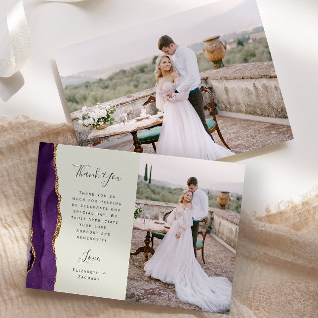 Photo Purple Agate Gold Ivory Wedding Thank You Card (Creator Uploaded)