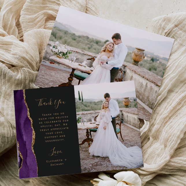 Photo Purple Agate Gold Script Wedding Thank You Card (Creator Uploaded)