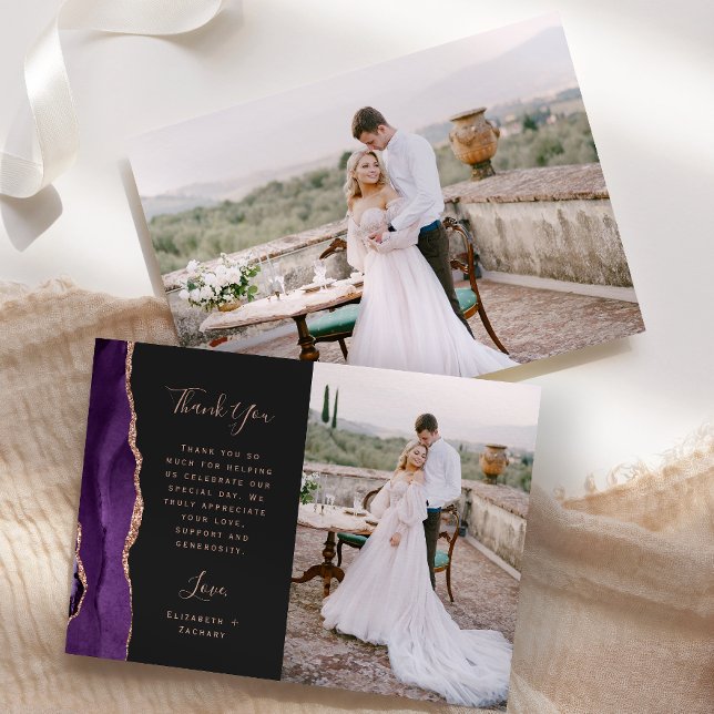 Photo Purple Agate Rose Gold Dark Wedding Thank You Card (Creator Uploaded)