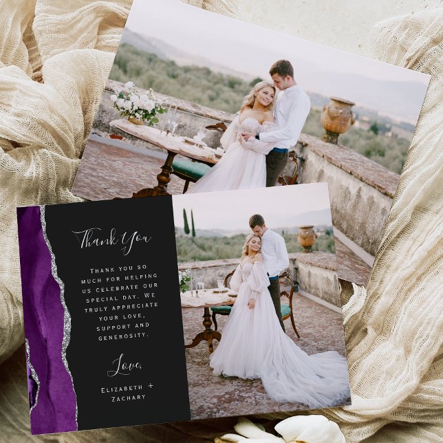 Photo Purple Agate Silver Dark Script Wedding Thank You Card (Creator Uploaded)