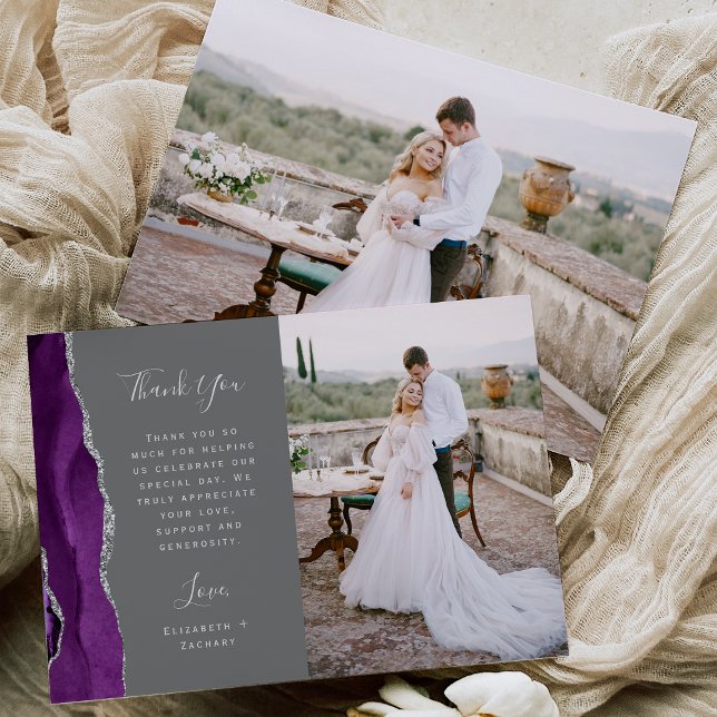 Photo Purple Agate Silver Grey Script Wedding Thank You Card (Creator Uploaded)