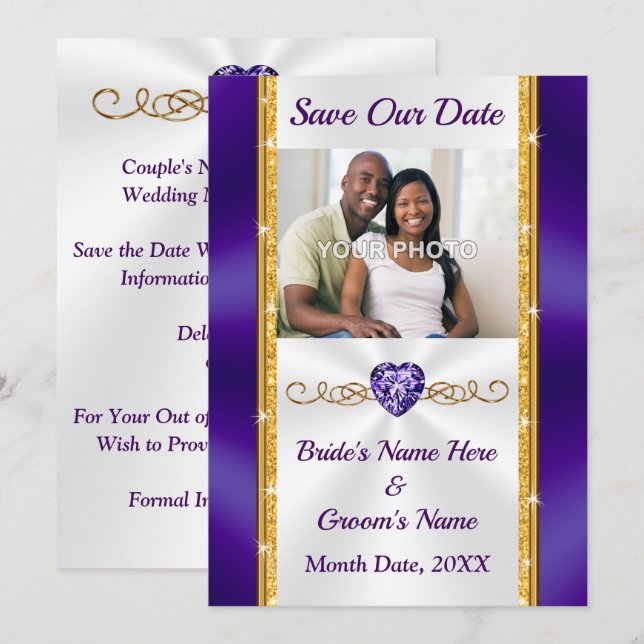 PHOTO, Purple and Gold Wedding Save the Date Cards (Front/Back)