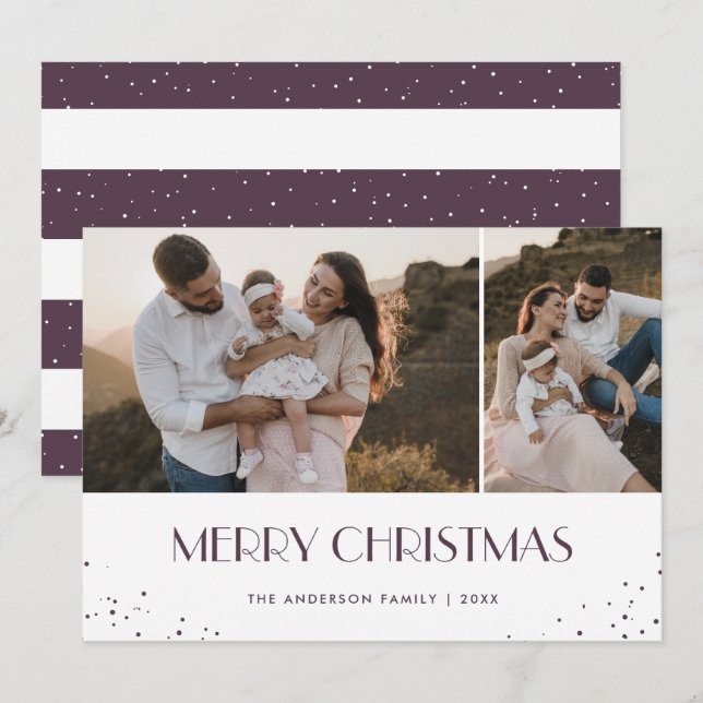Photo Purple and White Merry Christmas Holiday Card (Front/Back)