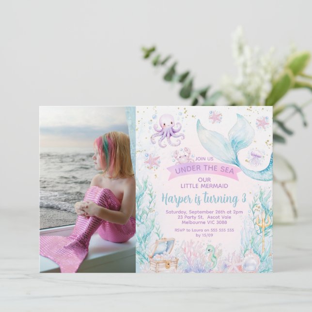 Photo Purple Blue Little Mermaid Birthday Invitation (Standing Front)
