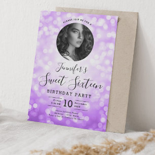 PHOTO Purple Bokeh Lights Sweet 16 Party Invitation