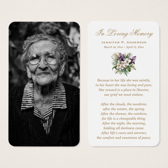 Photo Purple Floral Funeral Memorial Prayer Cards (Front & Back)