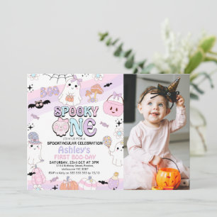 Photo Purple Girls Spooky Halloween 1st Birthday Invitation