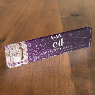 Photo purple glitter monogram initials name nameplate