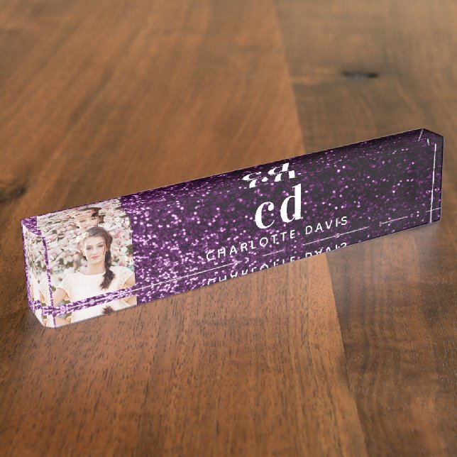 Photo purple glitter monogram initials name nameplate (Side)