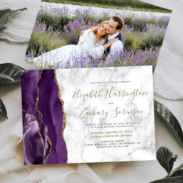 Photo Purple Gold Agate Marble Wedding Invitation (Creator Uploaded)