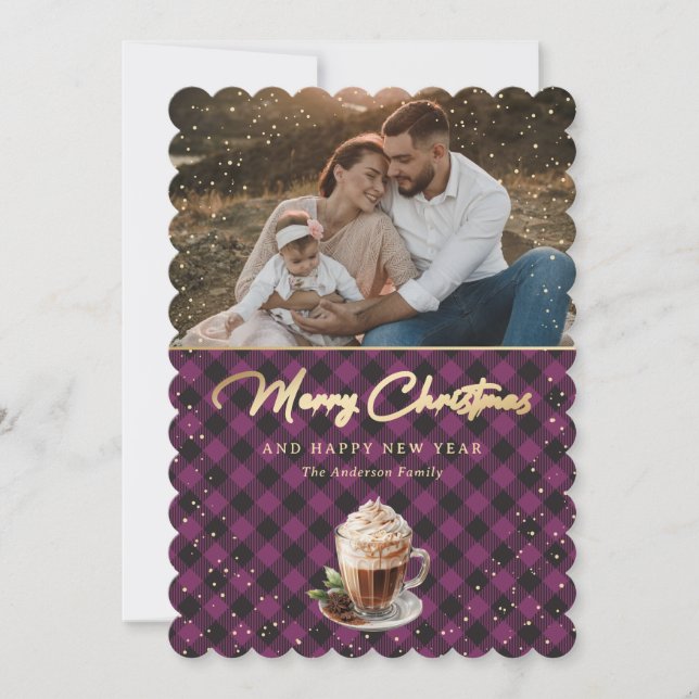 Photo Purple Gold Hot Chocolate Merry Christmas Holiday Card (Front)