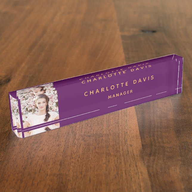 Photo purple gold monogram minimalist nameplate (Side)