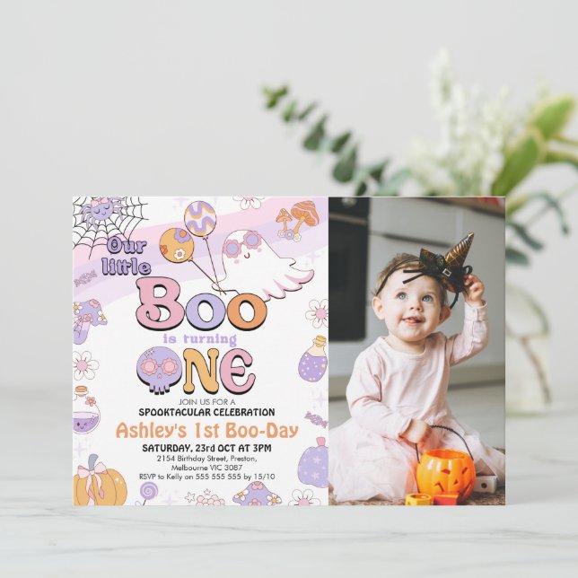 Photo Purple Little Boo Halloween 1st Birthday Invitation (Standing Front)