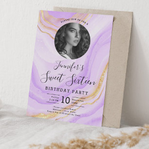 PHOTO Purple Marble Glitter Sweet 16 Party Invitation