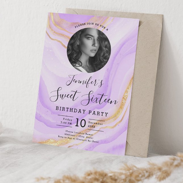 PHOTO Purple Marble Glitter Sweet 16 Party Invitation (PHOTO Purple Marble Glitter Sweet 16 Party Invitation)