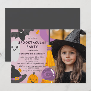 Photo Purple Orange Cute Halloween Kids Birthday Invitation
