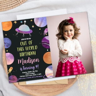 Photo Purple Outer Space Birthday Invitations