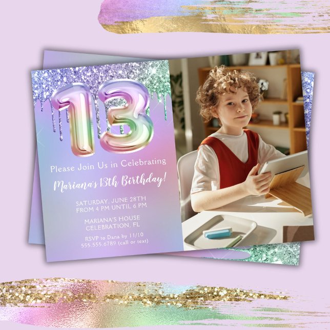 Photo Purple Pink Glitter 13th Birthday Party Invitation (Creator Uploaded)