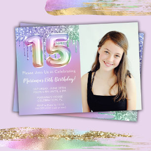 Photo Purple Pink Glitter 15th Birthday Party Invitation