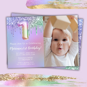 Photo Purple Pink Glitter 1st Birthday Party Invitation