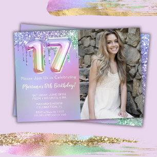 Photo Purple Pink Glitter Drips 17th Birthday Invitation