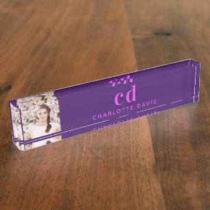 Photo purple pink monogram initials elegant nameplate