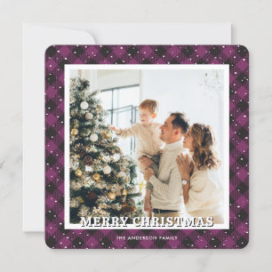 Photo Purple Plaid Snow Merry Christmas Card