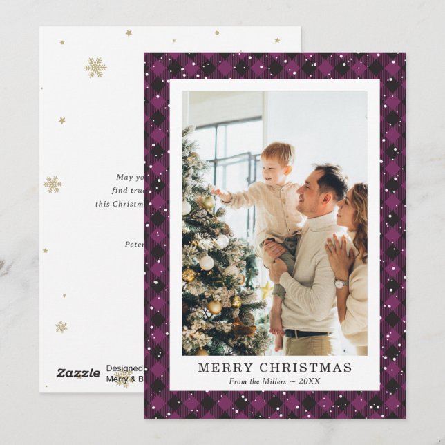 Photo Purple Plaid Snow Merry Christmas Card (Front/Back)