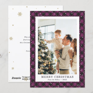 Photo Purple Plaid Snow Merry Christmas Card