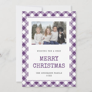 Photo Purple Plaid Snow Merry Christmas Card