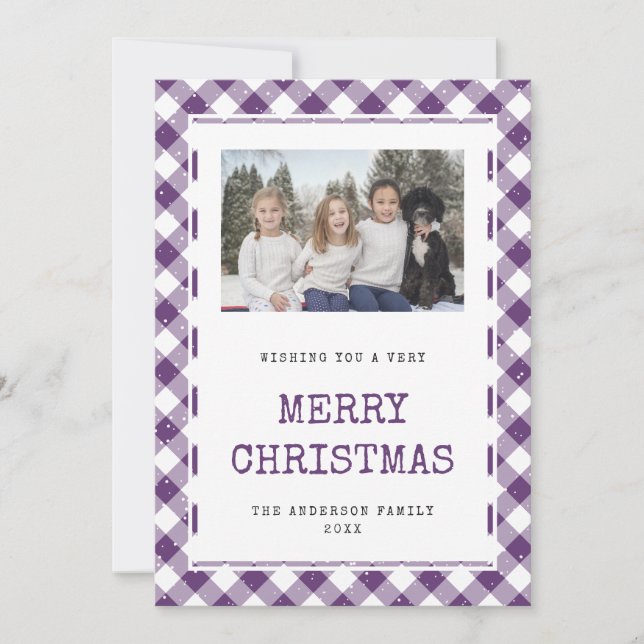 Photo Purple Plaid Snow Merry Christmas Card (Front)
