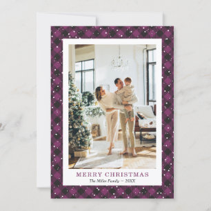 Photo Purple Plaid Snow Merry Christmas Card