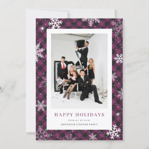 Photo Purple Plaid Snowflake Corporate Business Holiday Card