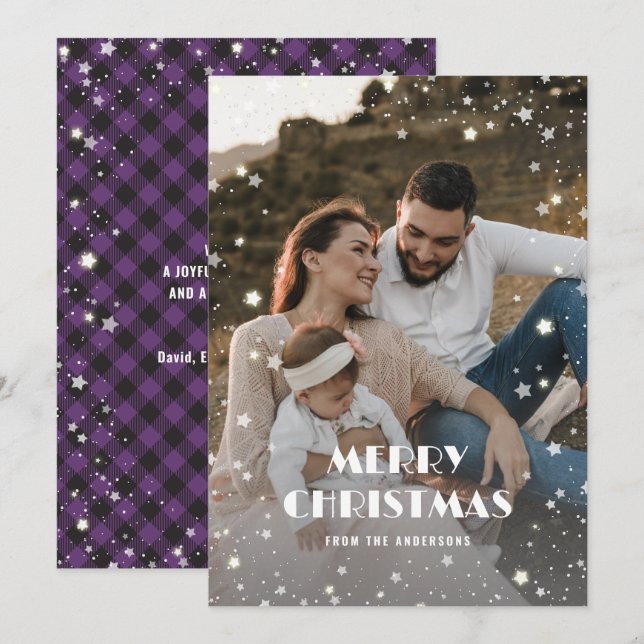 Photo Purple Plaid Starry Modern Merry Christmas Holiday Card (Front/Back)