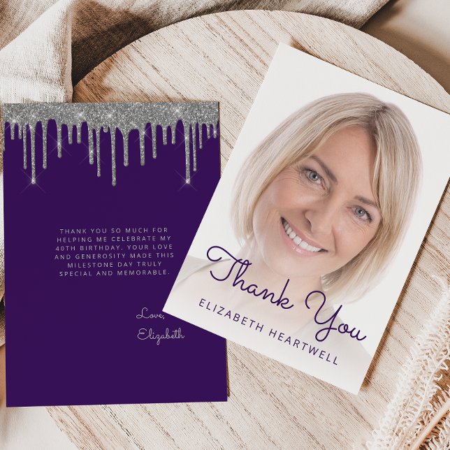 Photo Purple Silver Glitter Drip 40th Birthday Thank You Card (Creator Uploaded)