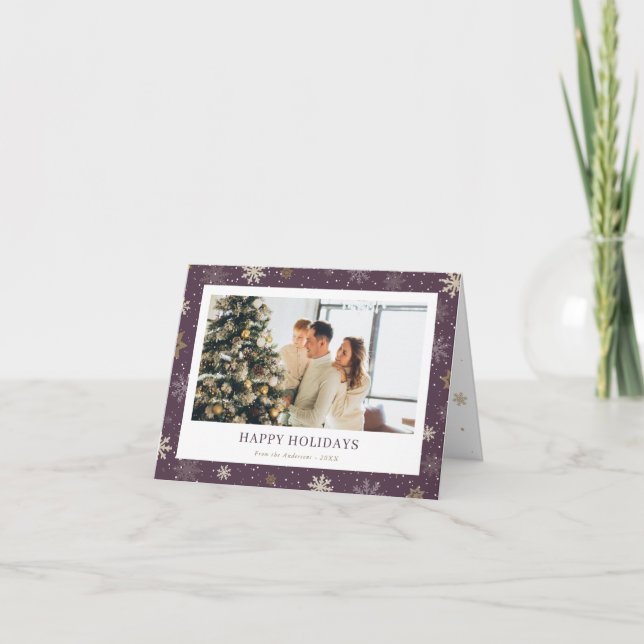 Photo Purple Snowflakes Happy Holidays Folded Card (Front)