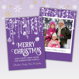 Photo Purple White String Lights Christmas Card