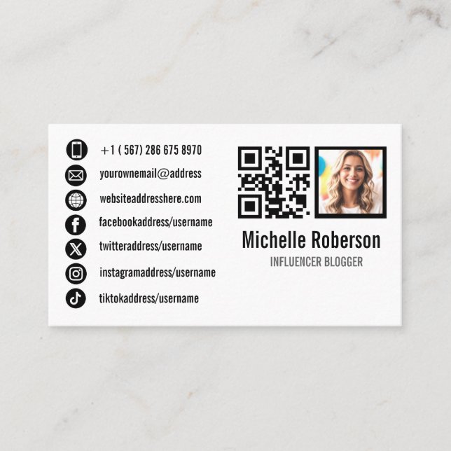 photo qr code and social media icons business card (Front)