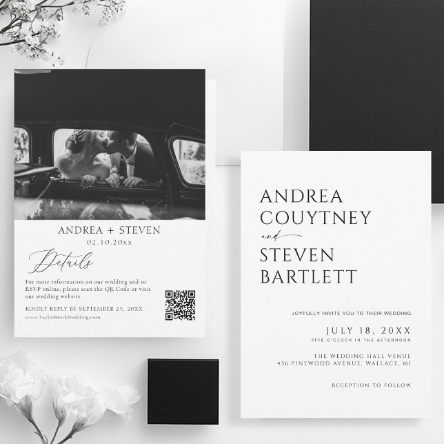 Photo Qr Code Black and White Wedding Invitation (Creator Uploaded)
