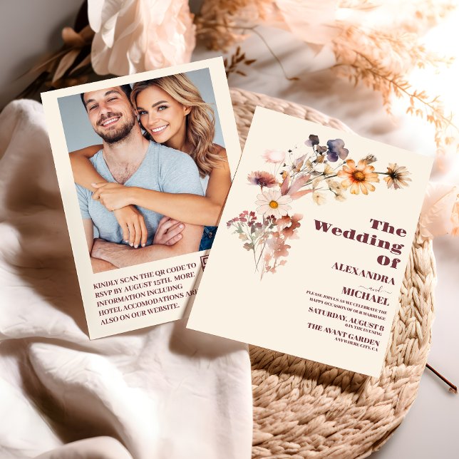 Photo QR Code Boho Autumn Wildflower Wedding  Invitation (Creator Uploaded)