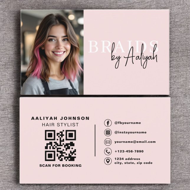 Photo QR Code Braids Hair Stylist Typography  Business Card (Creator Uploaded)