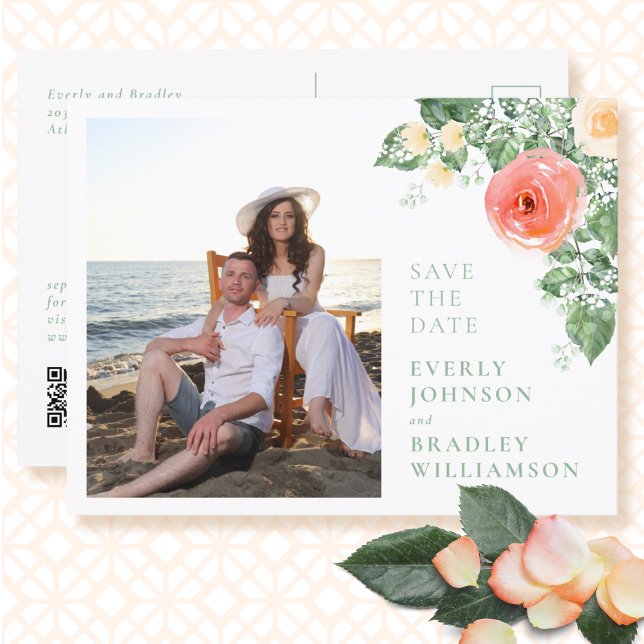 Photo QR Code Budget Floral Save the Date Postcard (Creator Uploaded)