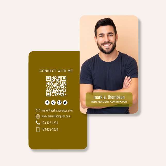 Photo QR Code Connect With Me Mustard Modern Business Card (Modern mustard QR code business card with photo and clean professional layout)
