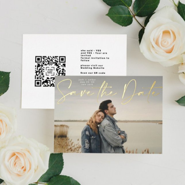 Photo QR code Gold Foil Save The Date Card (Creator Uploaded)