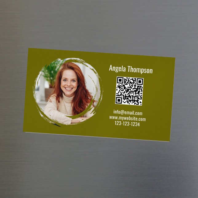 Photo QR Code Green Modern Magnetic  Magnetic Business Card (Green photo magnetic business card with scannable QR code.)