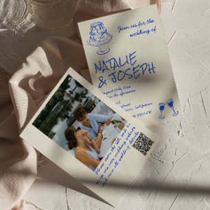 Photo QR Code Hand Drawn Blue Cake Bows Wedding Invitation