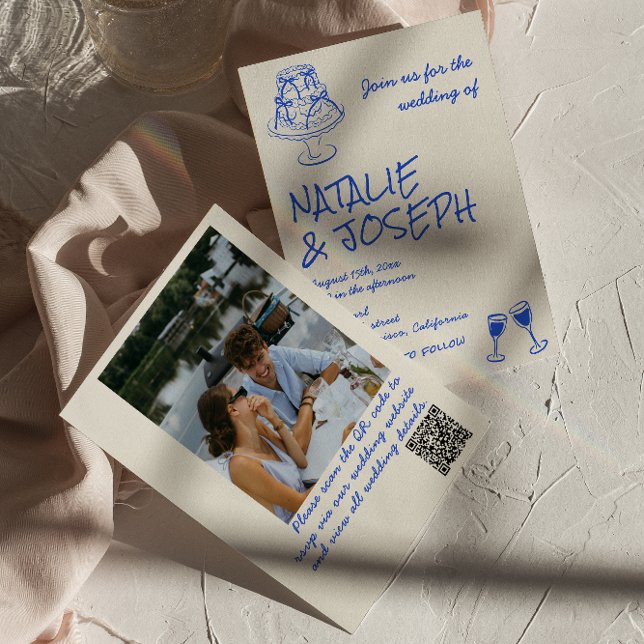 Photo QR Code Hand Drawn Blue Cake Bows Wedding  Invitation (Creator Uploaded)